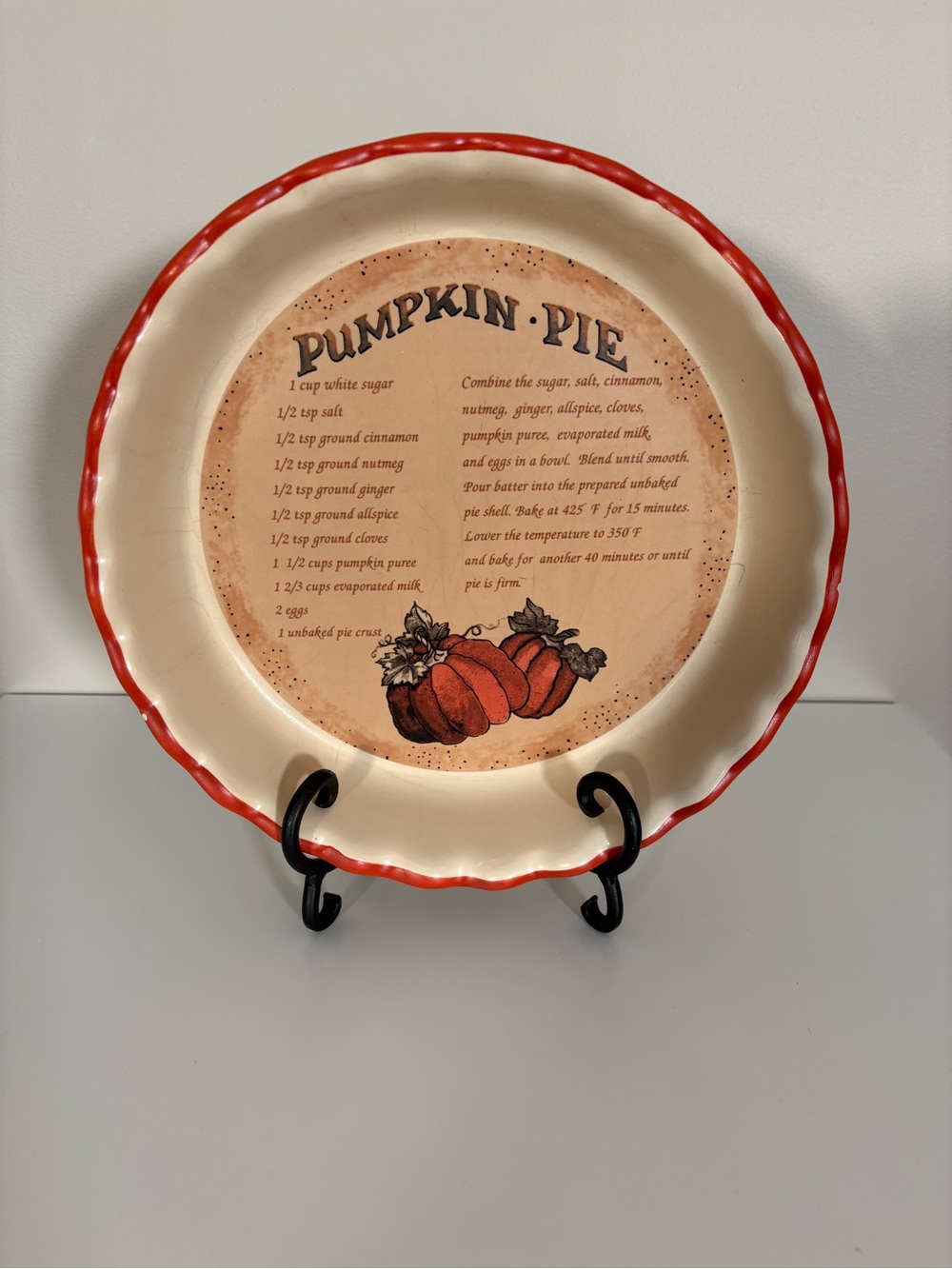 Cream Ceramic Pumpkin Pie Plate with orange Scalloped Rim